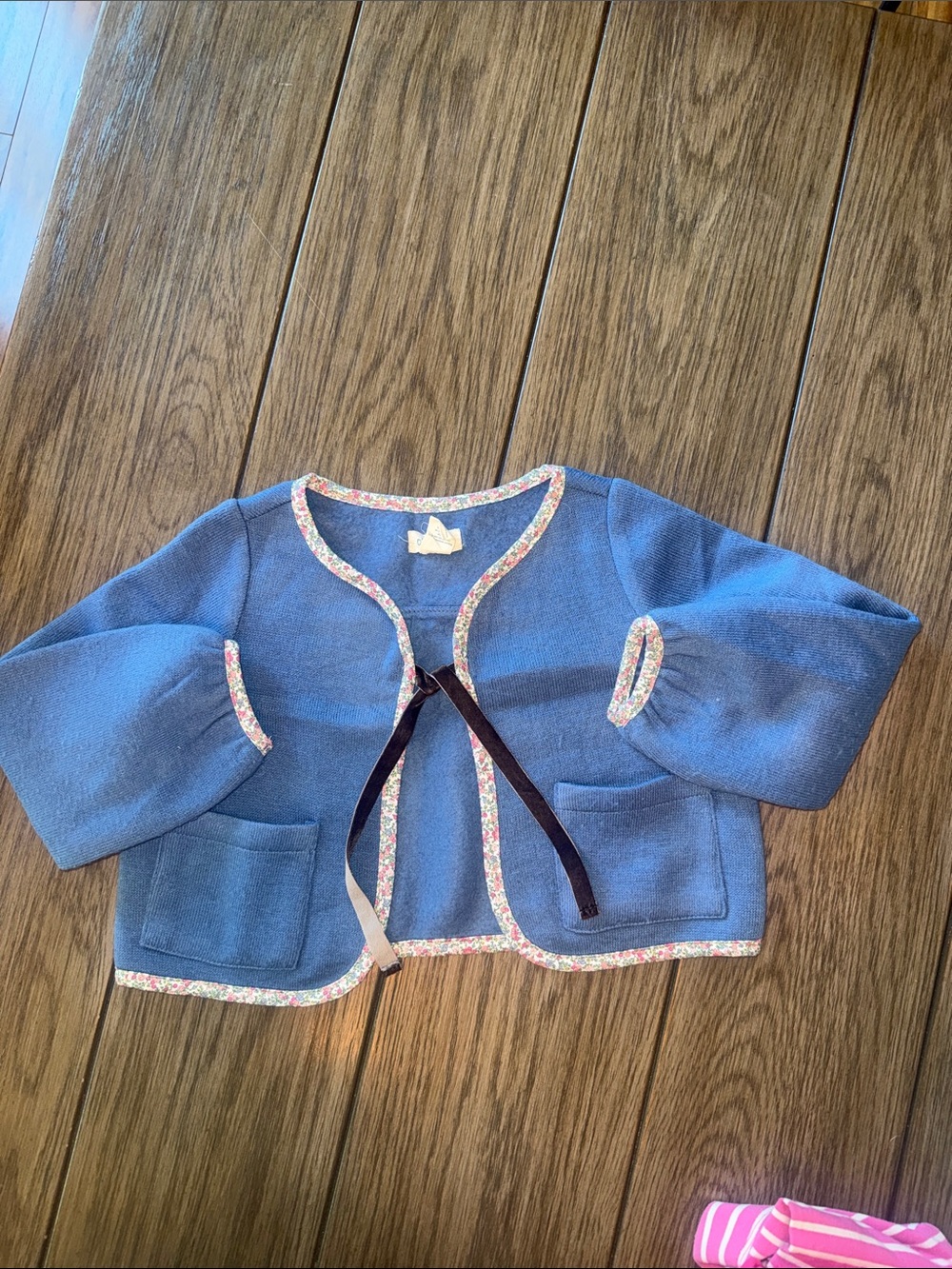 Girls Blue Floral-Trim Knit Jacket with Ribbon Tie